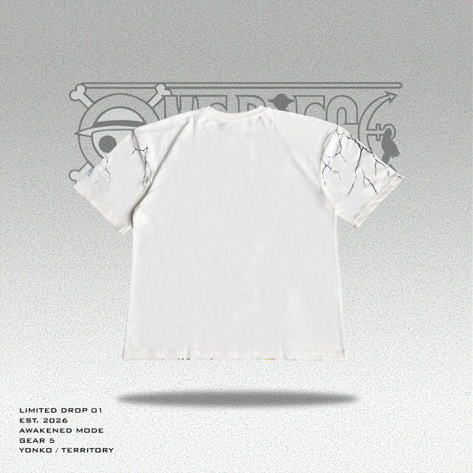 White t-shirt with black abstract design on a gray background