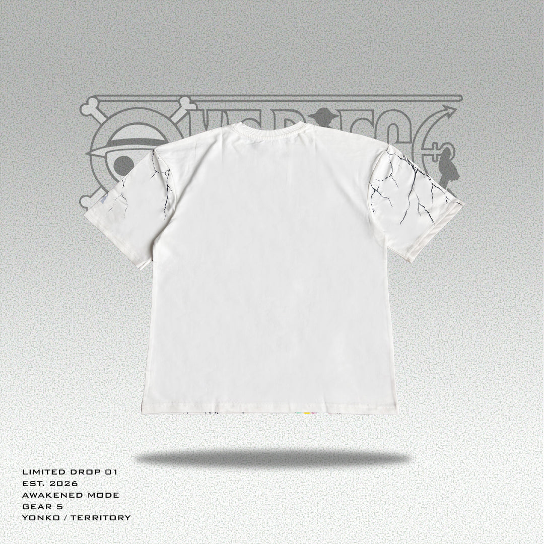 White t-shirt with black abstract design on a gray background